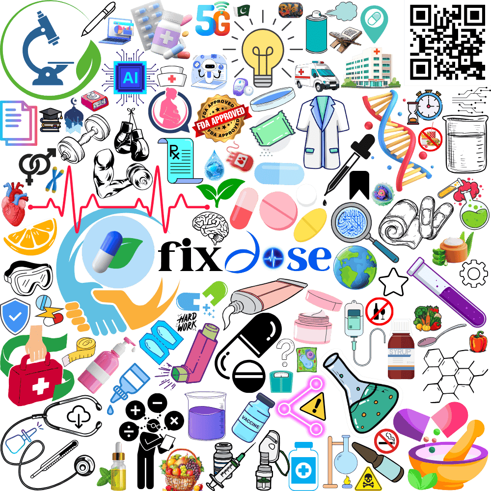FixDose digital healthcare and online pharmacy platform illustration with icons of medicines, vaccines, telemedicine, e-prescriptions, hospital care, AI healthcare, laboratory research, nutrition, patient safety, and modern medical technology innovation